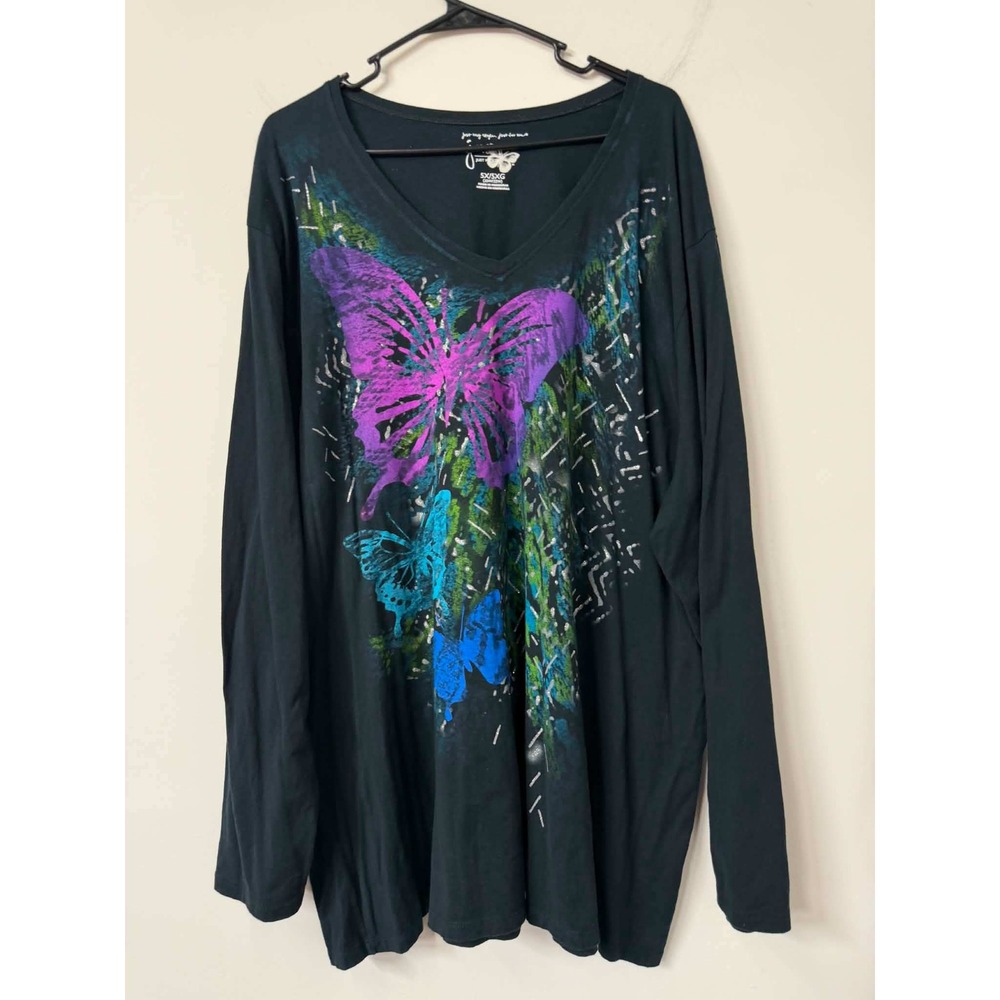 Just My Size Womens 5X Black Butterfly Graphic V-Neck Long Sleeve Cotton Tee